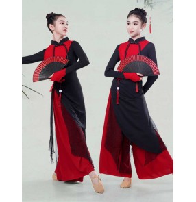 Girls red black gradient chinese folk Classical dance costumes kids hanfu fairy princess dress fan umbrella yangge dance costume for children